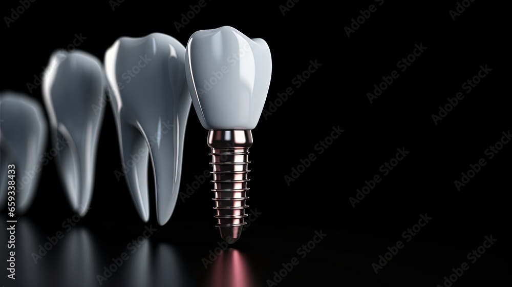 Parts of dental implant on grey table. Space for text - obrazy, fototapety, plakaty 
