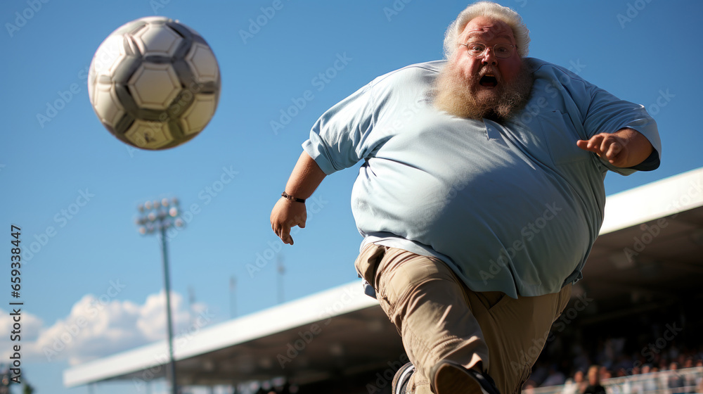 Senior funny fat man playing football on a soccer field with a ball in air.