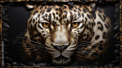 Fototapeta 3D print design for interior, wall, wallpaper, canvas. 3d gold leopard on black beautiful texture background. Beautiful animal leopard oil canvas frame painting. Oil texture canvas. Golden texture.