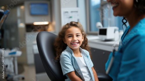 Cheerful little girl with dentist at dental clinic or dentist office.