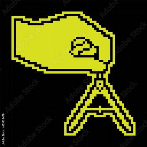 Pixel silhouette icon. Drawing compass, divider for sketching In hand of engineer or designer. Simple black and yellow vector isolated