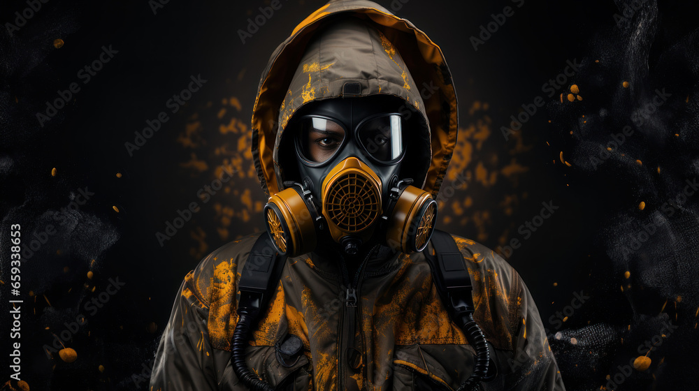 Man in gas mask on dark background. Disaster background. Pollution concept. Man in gas mask on dark background. Disaster background. Pollution concept.