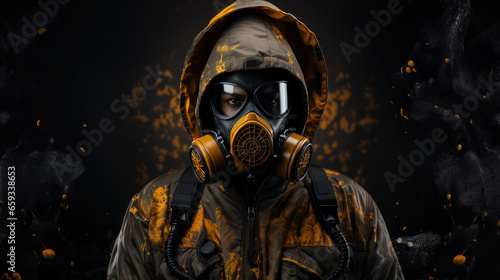 Man in gas mask on dark background. Disaster background. Pollution concept.