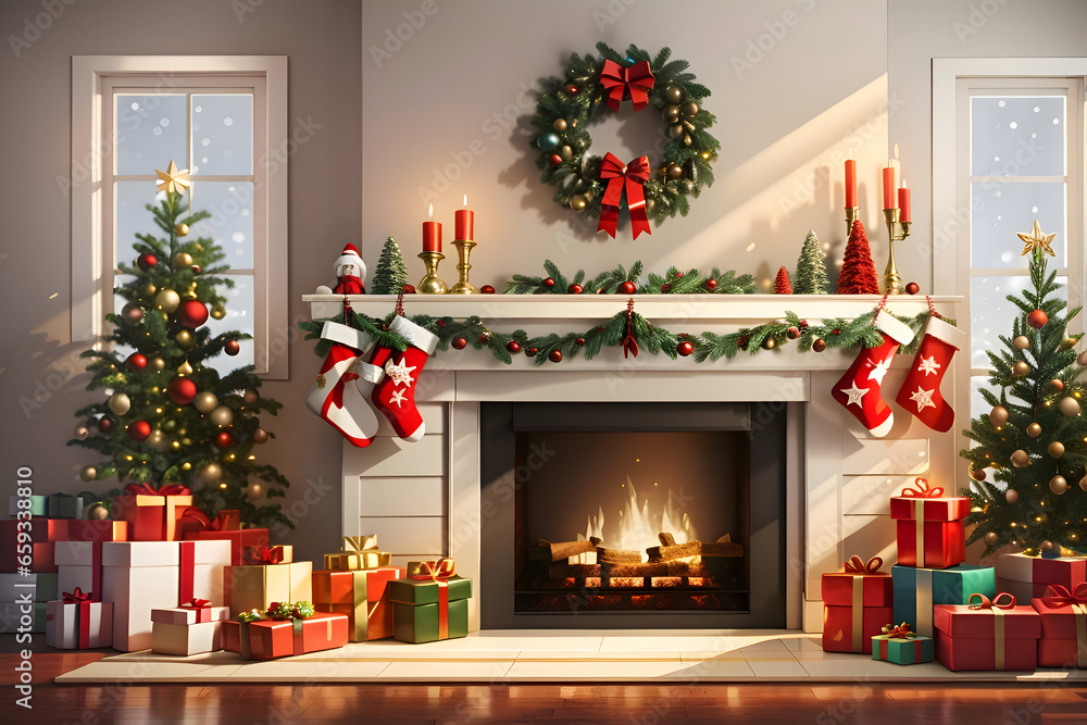 christmas themed fireplace and mantel with christmas stockings hanging from it, simple cartoon