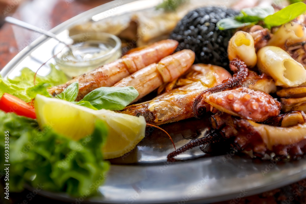 Roasted Mixed Seafood platter. Mediterranean