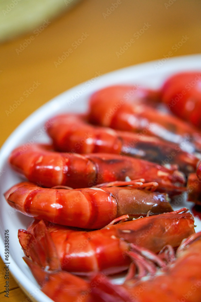 A plate of fresh and delicious boiled prawns