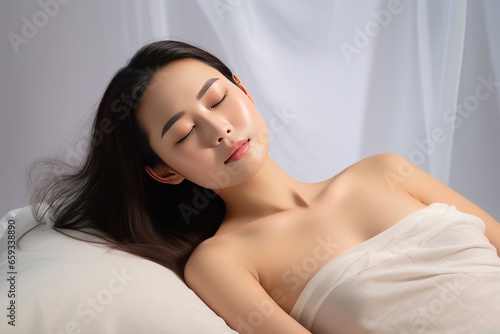 Beautiful asian woman sleeping on the bed in the bedroom.