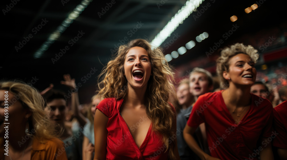 Fototapeta premium Portrait of happy woman fan in red screaming while in sport stadium.