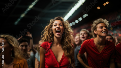 Portrait of happy woman fan in red screaming while in sport stadium.