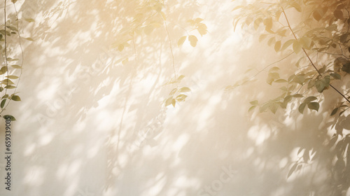 ライトベージュの壁にきれいな木漏れ日の光と葉