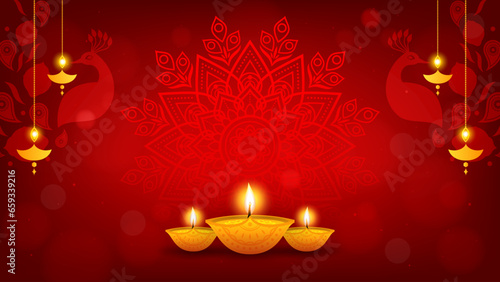 Beautiful Diwali background vector illustration. Diya oil lamp with peacock frame on red Indian pattern background