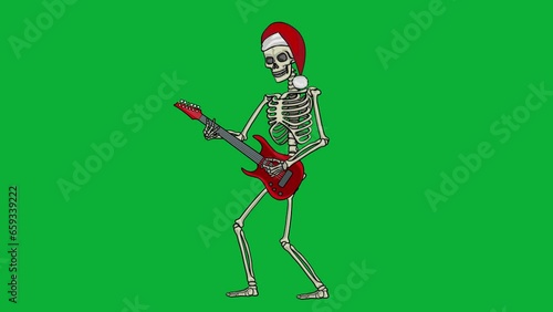 animated, mexican skeleton in at of Santa Claus with guitar with chroma key