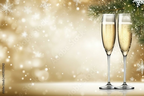 
Bright Christmas background for festive greetings with glasses of champagne. Shiny blurred background.