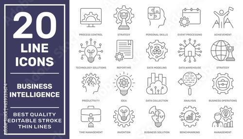 Set of business intelligence icons such as business solutions, data modeling, visualization, management and more different. High quality. Editable stroke. EPS 10