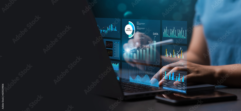 Female analyst uses Work on laptop and dashboard for business analysis, data and data management system with KPIs and indicators connected to database for technology finance. Corporate strategy - obrazy, fototapety, plakaty 