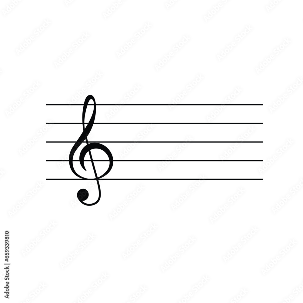 Treble clef on staff flat vector isolated on white background. Black musical notation symbol. Music concept. Treble clef on staff flat vector isolated on white background. Black musical notation symbol. Music concept.