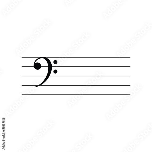 Bass clef or F clef on staff flat vector isolated on white background. Black musical notation symbol. Music concept.