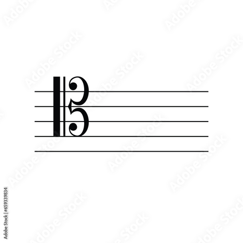 Tenor clef or C clef on staff flat vector isolated on white background. Black musical notation symbol. Music concept.