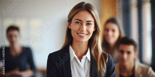 Photo portrait of beautiful young woman that is in college class