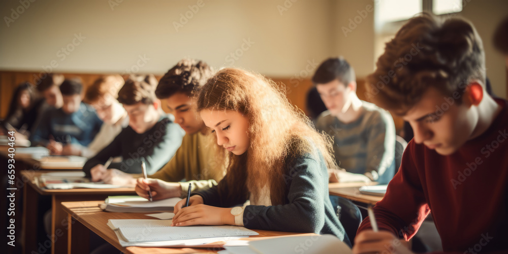 Group of students are sitting by the tables, writing. In the university Group of students are sitting by the tables, writing. In the university