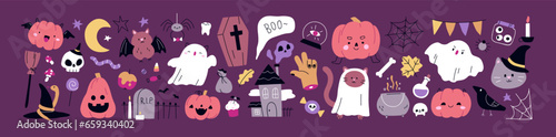 Cute Halloween set. Funny autumn pumpkin, cat ghost, spider and web, cauldron, happy bat, kawaii holiday characters. October design elements, treats, coffin. Isolated flat graphic vector illustration