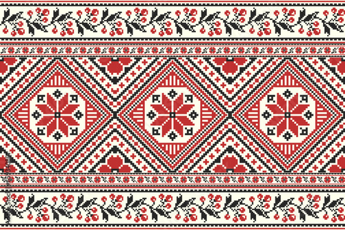 flower embroidery on cream background. ikat and cross stitch geometric seamless pattern ethnic oriental traditional. Aztec style illustration design for carpet, wallpaper, clothing, wrapping, batik.	