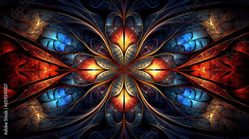 Symmetrical pattern in stained-glass window style. Blue, red, and yellow palette. Computer-generated graphics. 