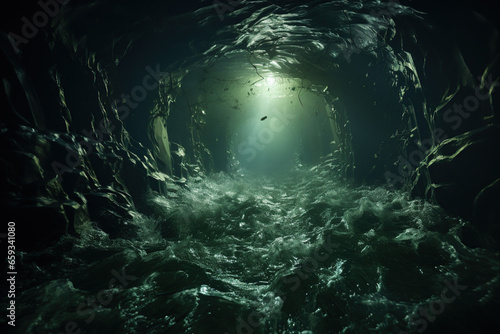 Underwater cave with light coming through the water. 3d rendering.