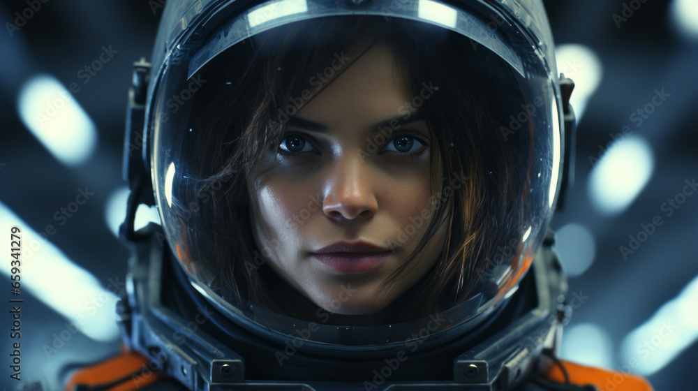 Astronaut female brunette with short hair. Close up portrait Astronaut female brunette with short hair. Close up portrait