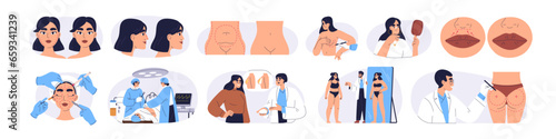 Plastic surgery set. Face and body corrections in aesthetic beauty clinic. Breast implants, reshaping nose, lips, belly fat liposuction. Flat graphic vector illustrations isolated on white background