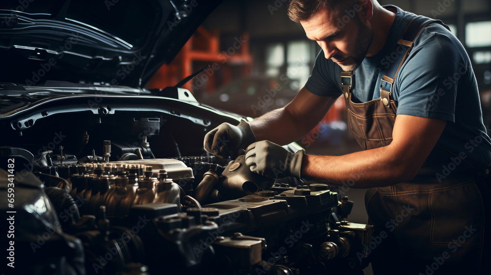 Auto mechanic is working with car in the garage Auto mechanic is working with car in the garage