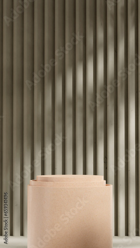 damaged gray color wall, rendering 3d scene mockup brown textured terrazzo podium in portrait 