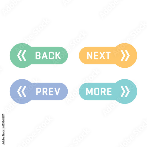 Prev, next and back vector buttons. Colorful web arrow button icons.