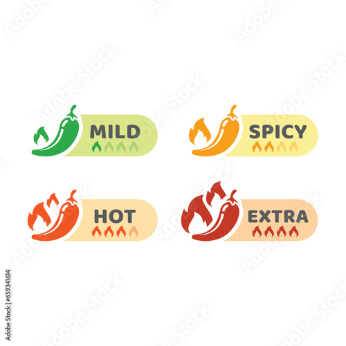 Chili pepper, mild and hot label with fire flames. Spicy and extra hot peppers icon set.