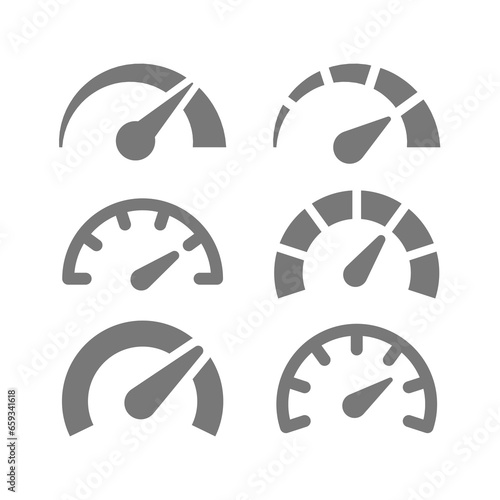 Speedometer and performance vector icons. Gauge, tachometer or odometer icon set.