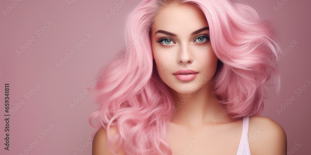 Beautiful model advertises pink hair color. Standing against wall