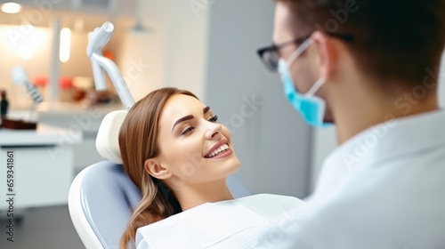 Female is smiling. Beautiful young woman is sitting in dentist chair, happy person is with clean teeth