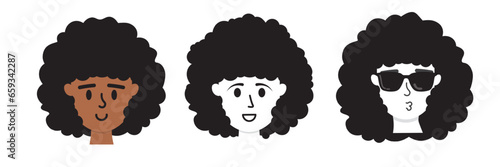 Set of Cartoon Illustrated People Icons with afro hair isolated on transparent background. Cartoon Faces with textured hair with volume. Vector Illustration.