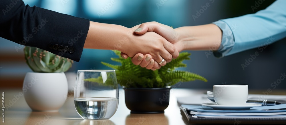Close-up of two business people shaking hands while standing in office Close-up of two business people shaking hands while standing in office