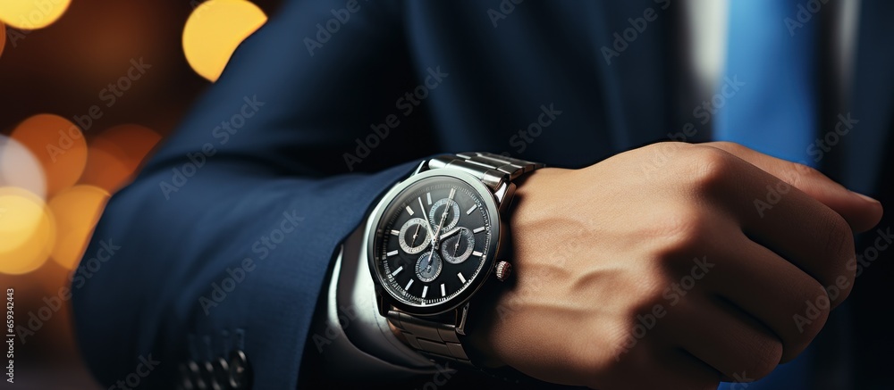 © afzar - Close up of businessman's hand with wristwatch on bokeh background © afzar - Close up of businessman's hand with wristwatch on bokeh background