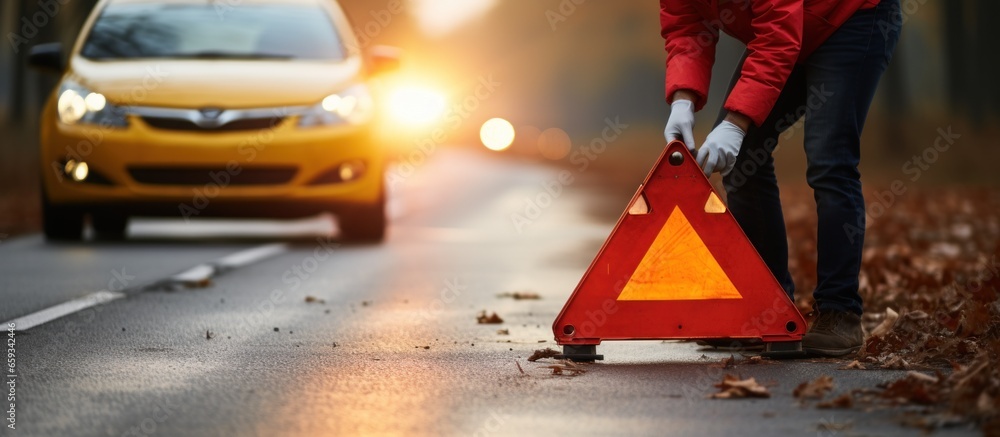 Man standing on the road with red warning triangle. Road safety concept - obrazy, fototapety, plakaty 