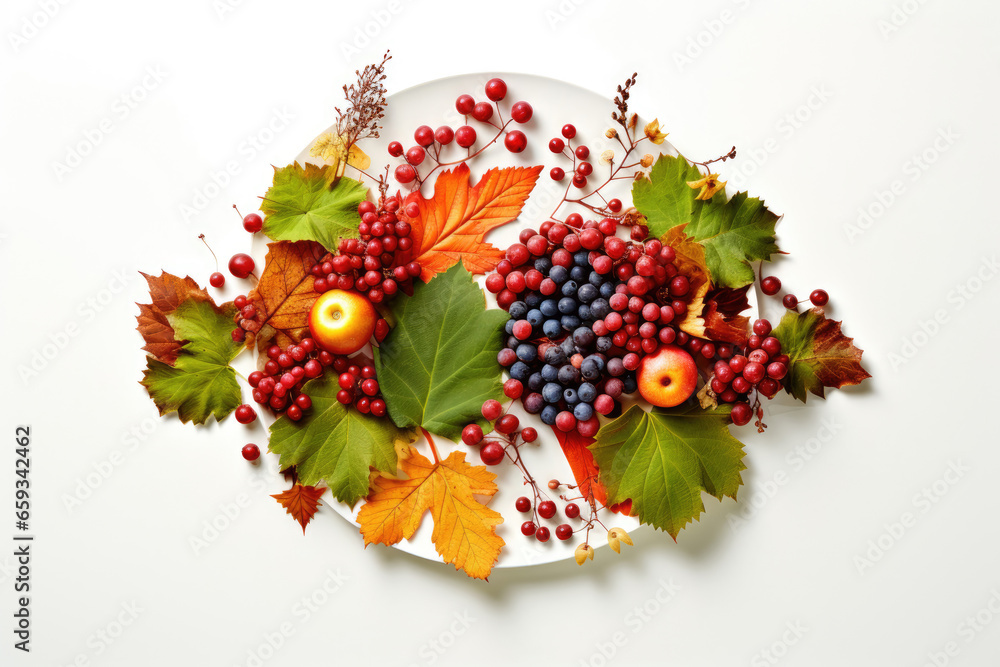 Autumn composition of leaves and berries on a white background