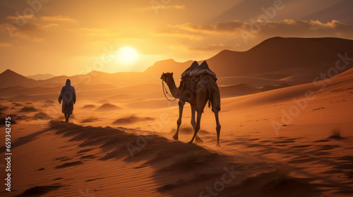 Berber man leading camel caravan in the desert at sunset