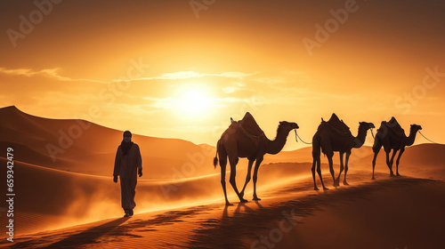 Berber man leading camel caravan in the desert at sunset