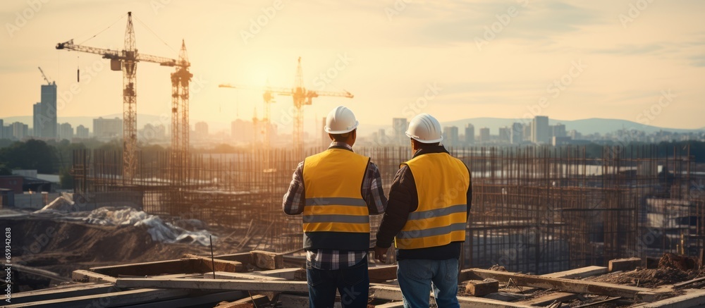 Engineer and Architect working on construction site with blueprint at sunset - obrazy, fototapety, plakaty 