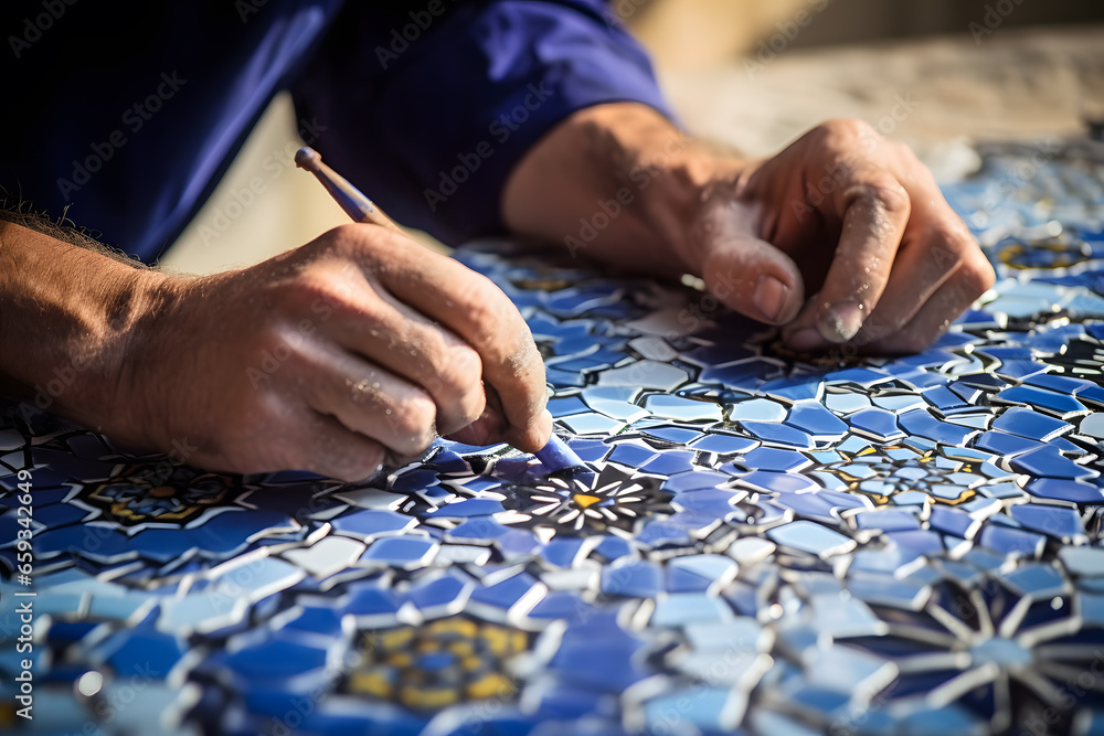 Close-Up of a Skilled Tiler Installing Intricate Mosaic Tiles Close-Up of a Skilled Tiler Installing Intricate Mosaic Tiles