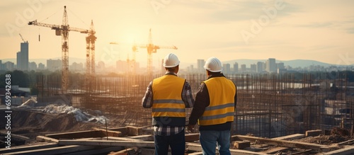 Engineer and Architect working on construction site with blueprint at sunset photo