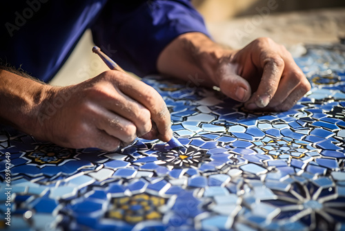 Close-Up of a Skilled Tiler Installing Intricate Mosaic Tiles