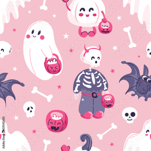 Halloween seamless pattern. Cute cartoon characters in pink colors. Baby skeleton, pumpkin, ghosts begging for sweets. For wallpaper, printing on fabric, wrapping, background.