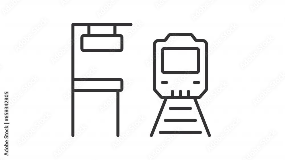 2D black simple thin line animation of train station, HD video with transparent background, seamless loop 4K video representing railway industry. 2D black simple thin line animation of train station, HD video with transparent background, seamless loop 4K video representing railway industry.